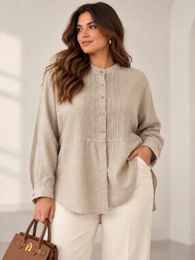 LL Bean Linen Tunic Blouse 3X Beige Pintuck Mandarin Collar Plus Size Lagenlook